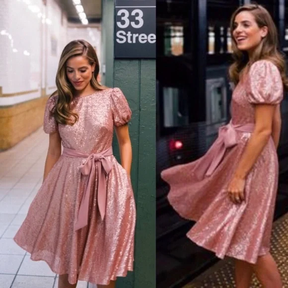 Gal Meets Glam Beatrix Elegant Pink Sequin Party Dress with Bow - Picture 3 of 10